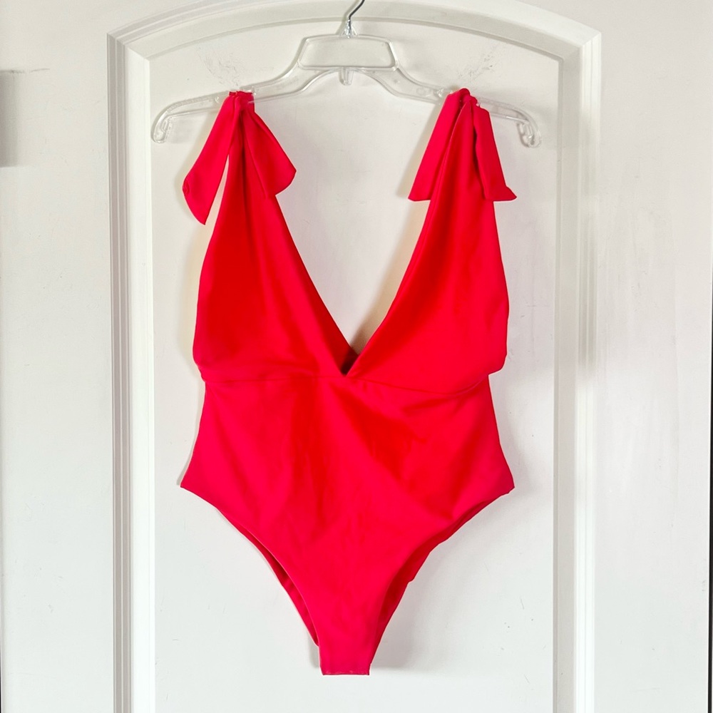 Amazon Red Deep V Plunge One Piece Swimsuit High Cut Leg Bow Shoulder Medium